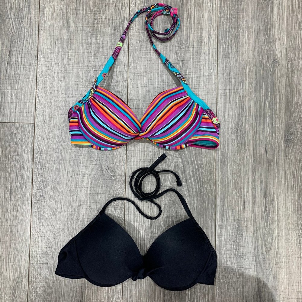Xhiliration Striped Multi-Color and Black Bikini